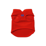 Red dog coat with a blue brand logo on a white background