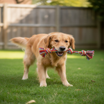 Dog playing with a rope toy in a backyard