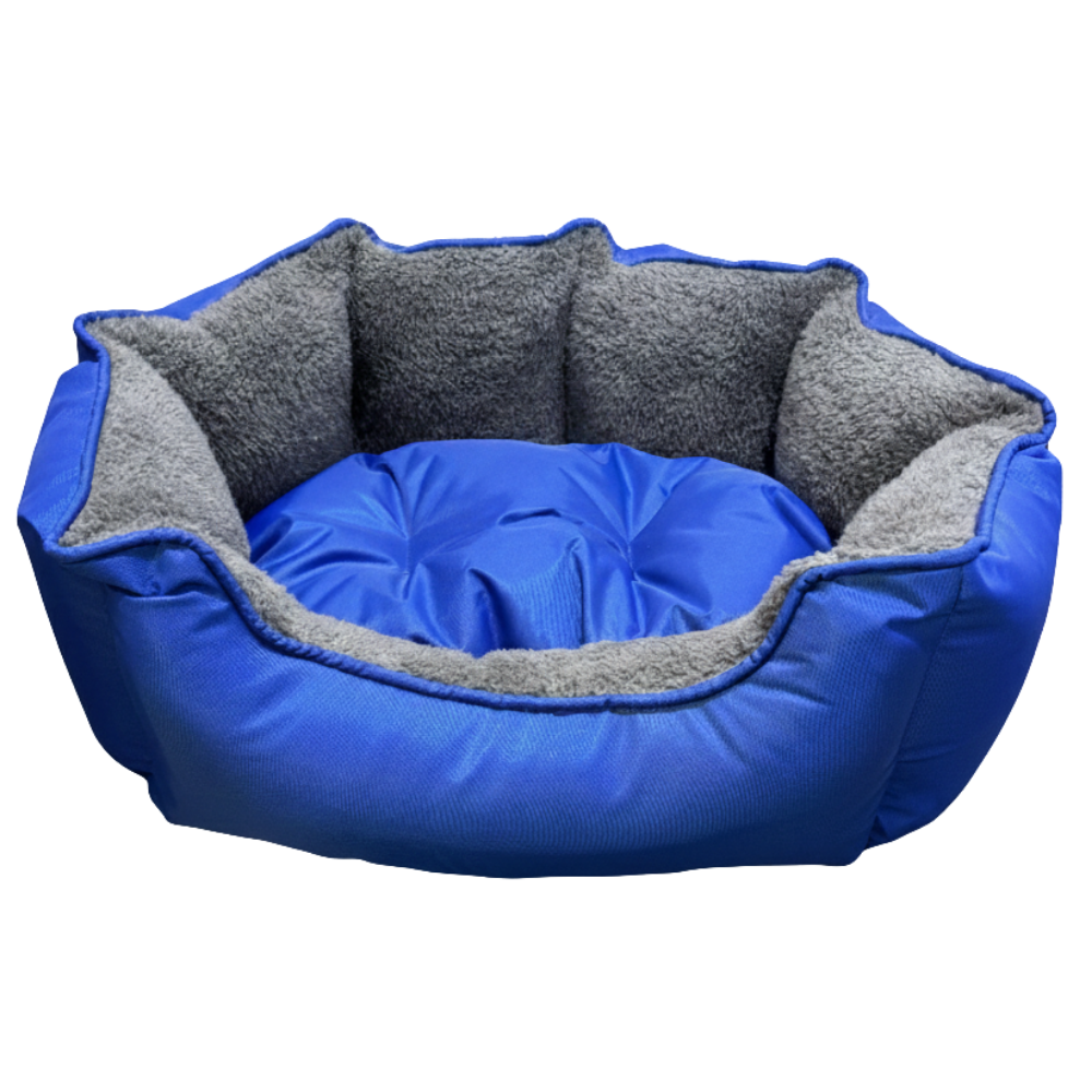 Blue pet bed with gray interior on a white background