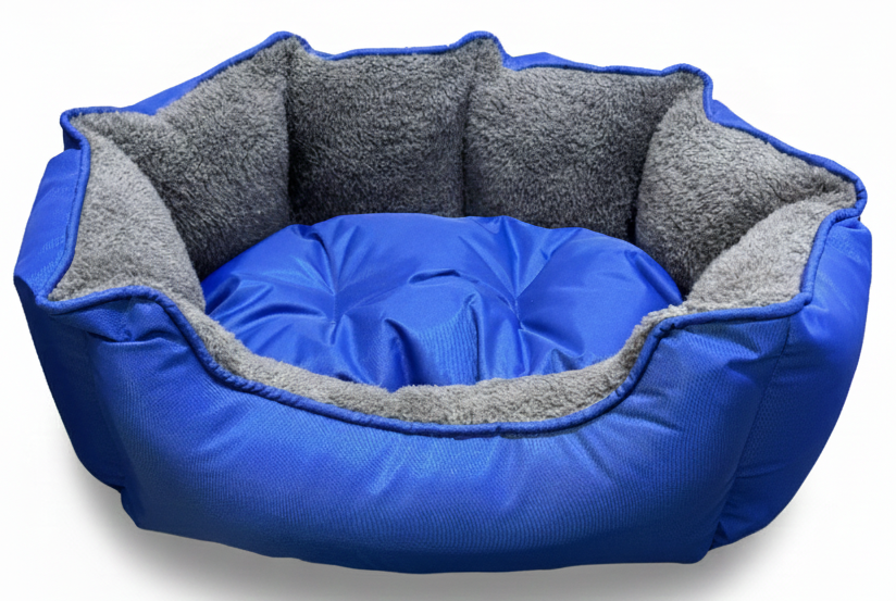 Blue pet bed with gray interior on a white background