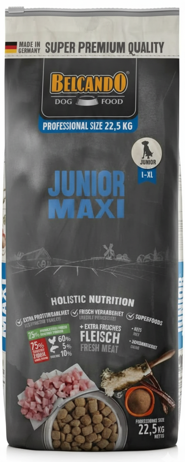 Bag of Belcando Junior Maxi dog food on a white background