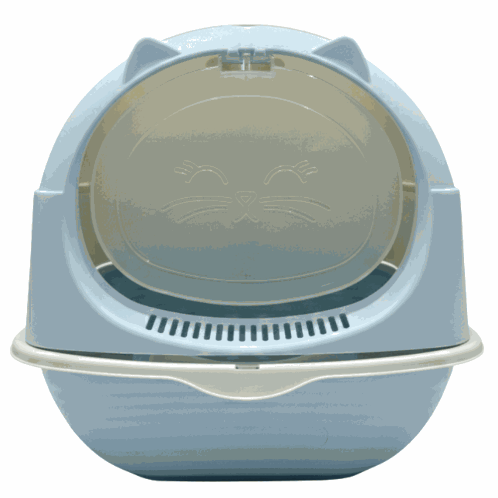 Blue cat litter box with a lid featuring a cat face design on a white background