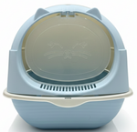 Blue cat litter box with a lid featuring a cat face design on a white background