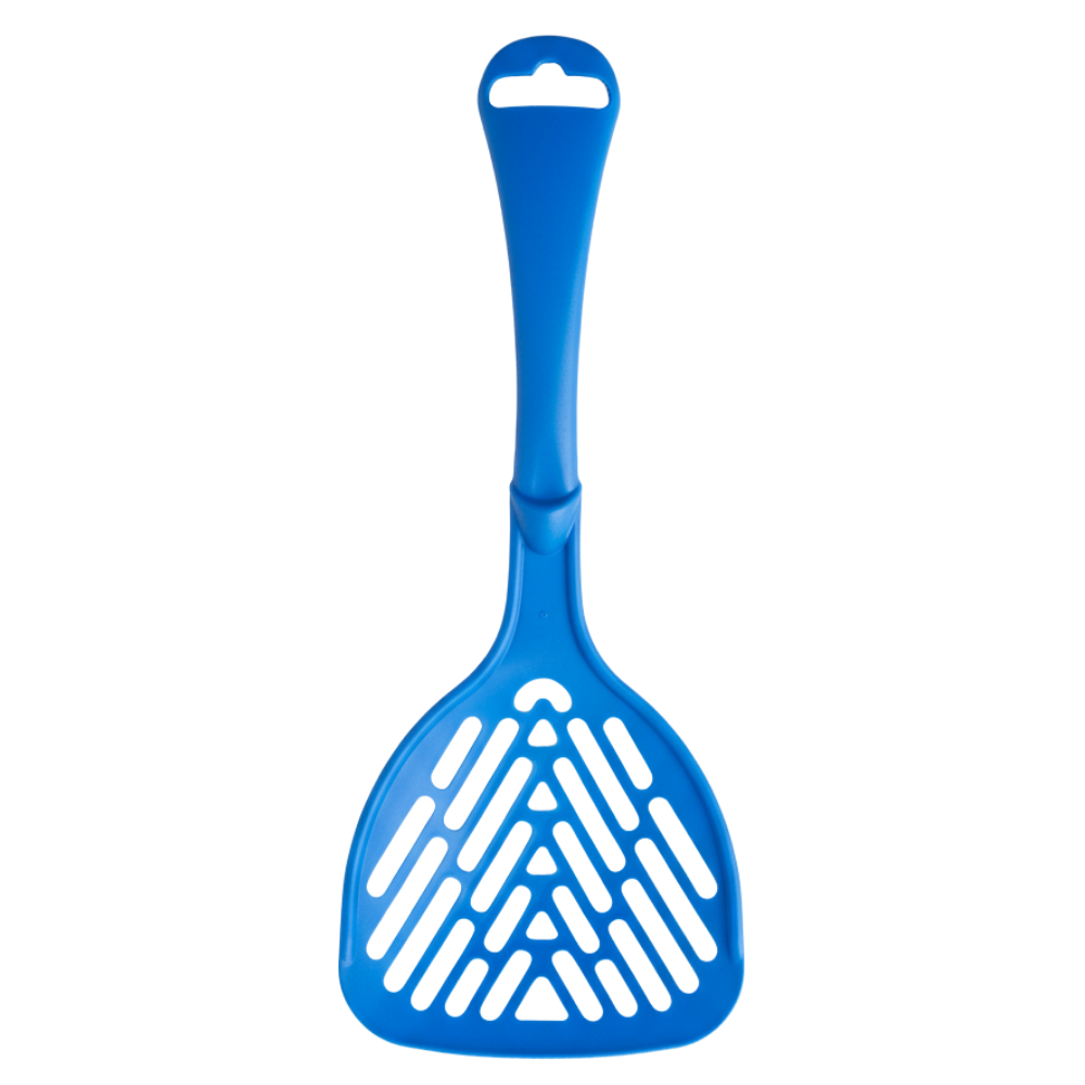 Blue plastic pet scoop with a white handle on a white background