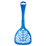 Blue plastic pet scoop with a white handle on a white background