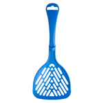 Blue plastic pet scoop with a white handle on a white background