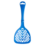 Blue plastic pet scoop with a white handle on a white background