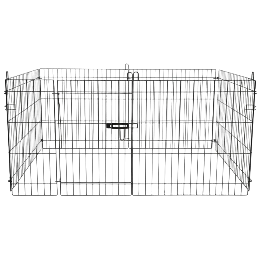 Black metal pet playpen on a white background