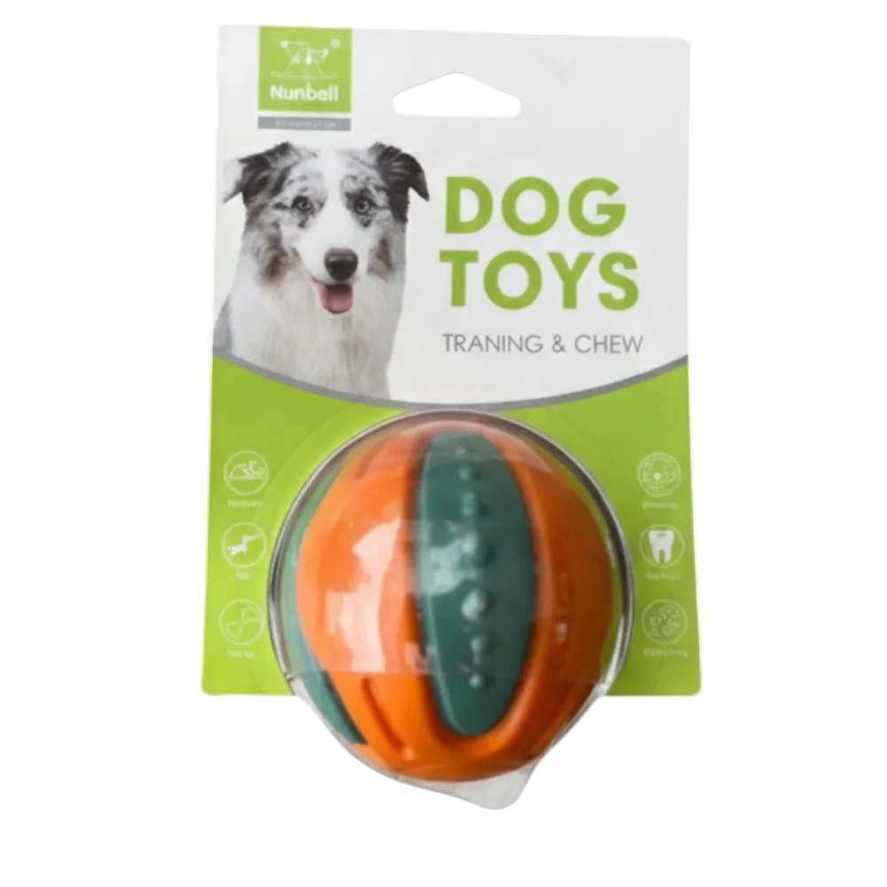 Dog toy packaging with a ball and text on a white background