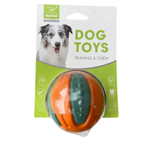 Dog toy packaging with a ball and text on a white background