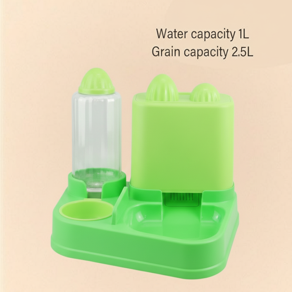 Green pet feeder with water and grain compartments on a beige background