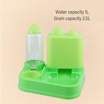 Green pet feeder with water and grain compartments on a beige background