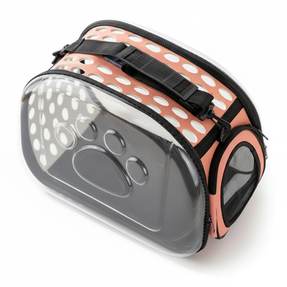 Pet carrier with polka dot design on a white background