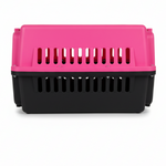 Pet carrier with pink top and black bottom on a white background