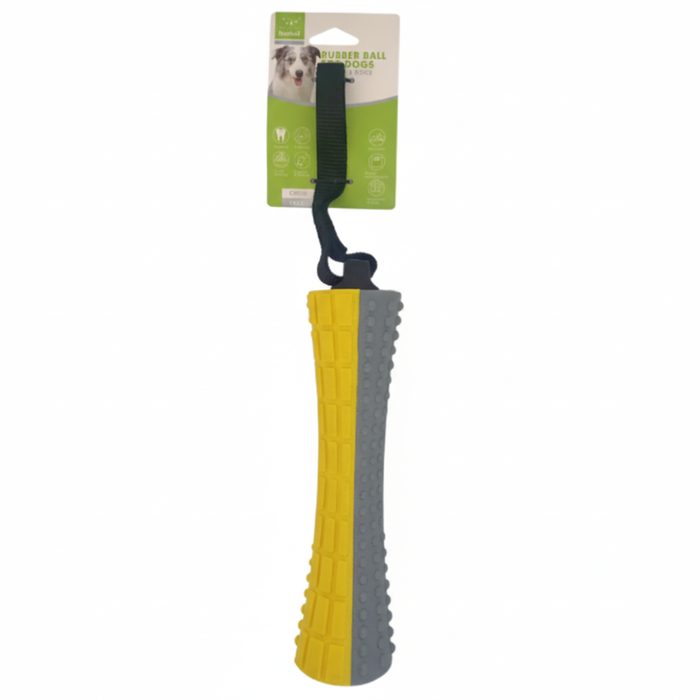 Dog toy with yellow and gray textured design on a white background