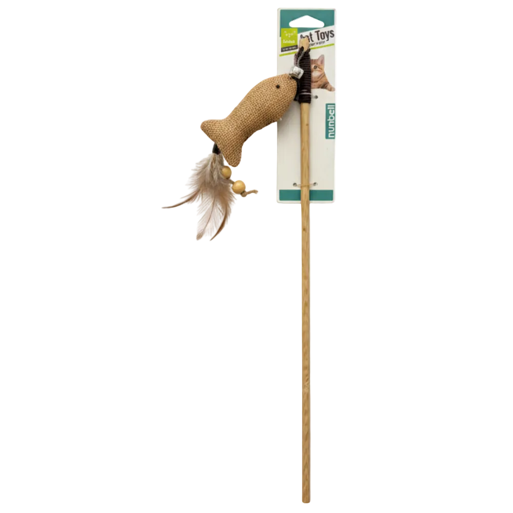 Cat toy with fish-shaped end on a stick, attached to a cardboard packaging with brand logo.