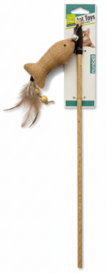Cat toy with fish-shaped end on a stick, attached to a cardboard packaging with brand logo.