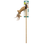 Cat toy with fish-shaped end on a stick, attached to a cardboard packaging with brand logo.