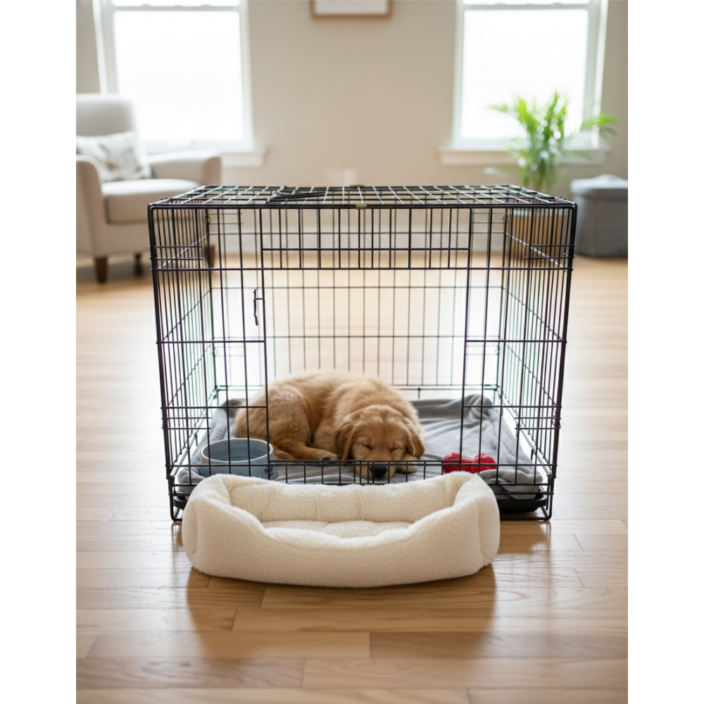 Dog lying inside a black wire crate with a white dog bed on a wooden floor.
