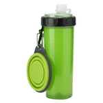 Green water bottle with black cap and carabiner on a white background
