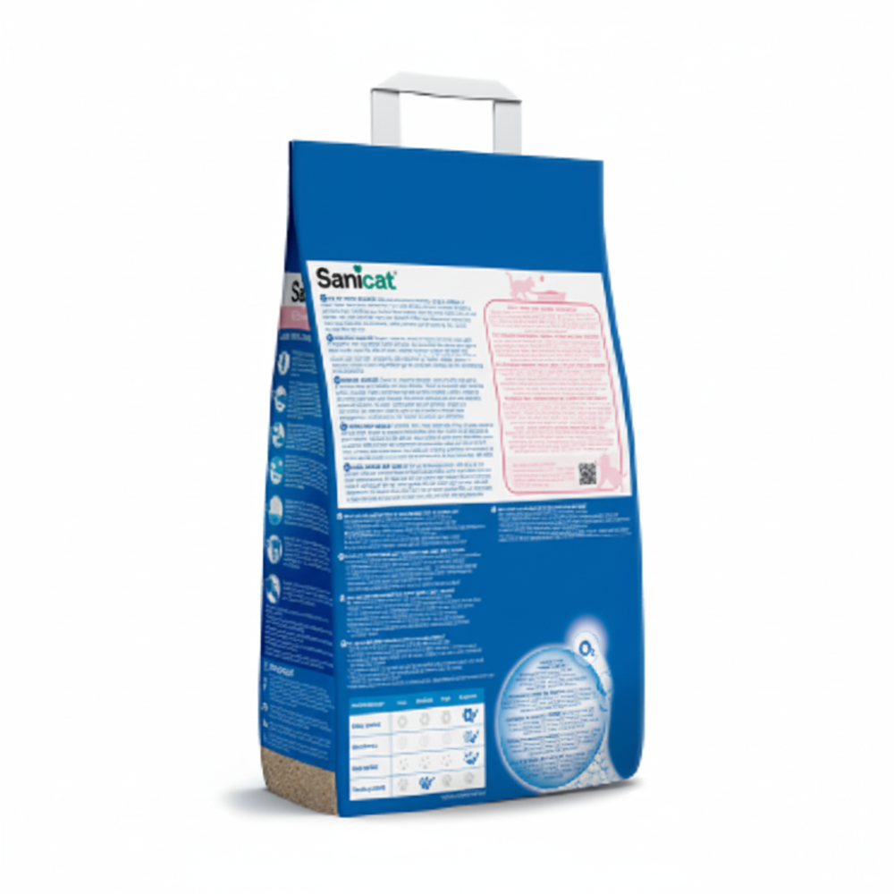 Blue bag of Sanicat cat food with text and branding on a white background