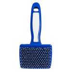 Blue pet grooming brush with a white handle on a white background