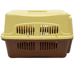 Pet carrier with beige top and brown bottom on a white background
