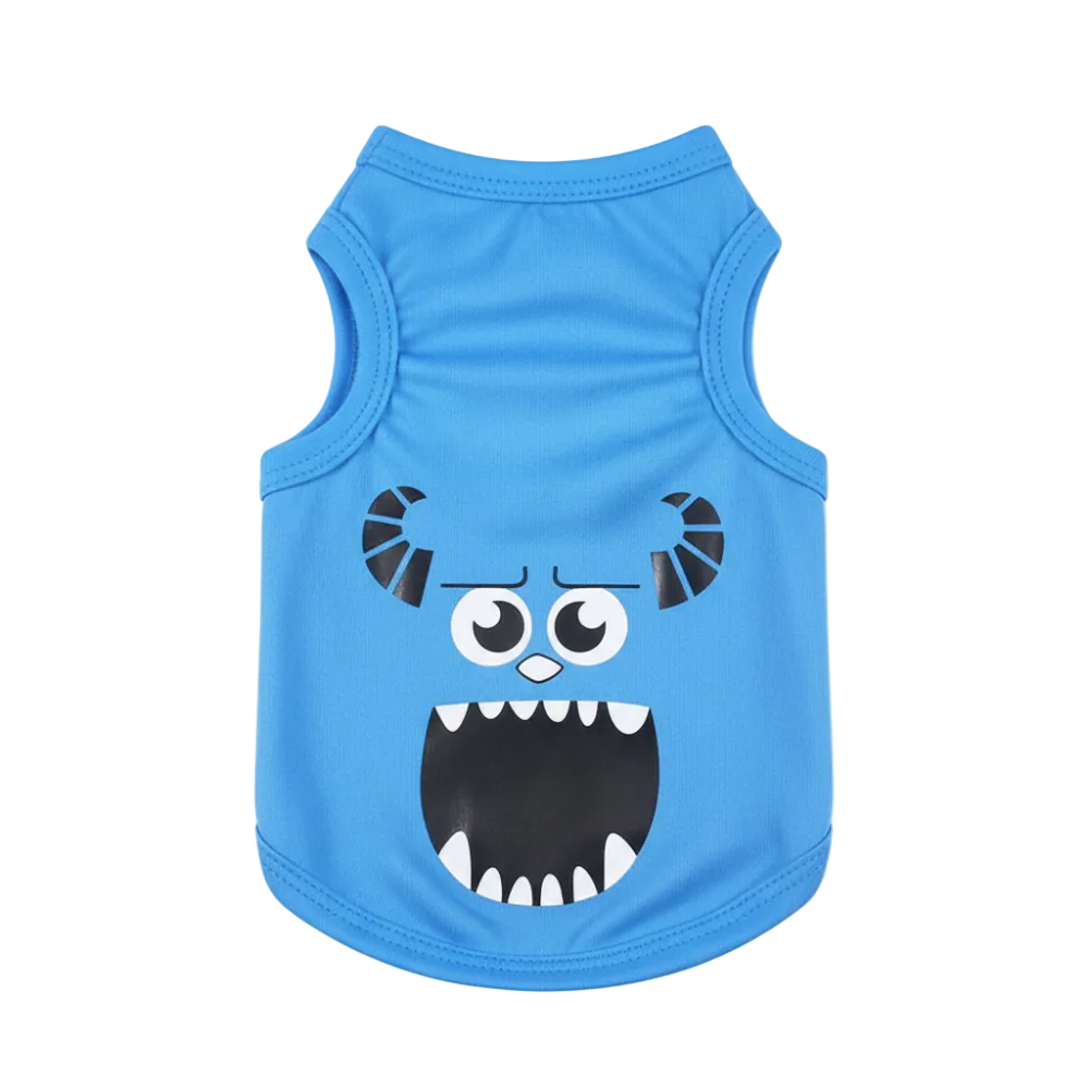Blue pet tank top with a cartoon monster face design on a white background