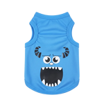 Blue pet tank top with a cartoon monster face design on a white background