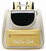 Pet carrier with 'Hello Cat' text on a white background