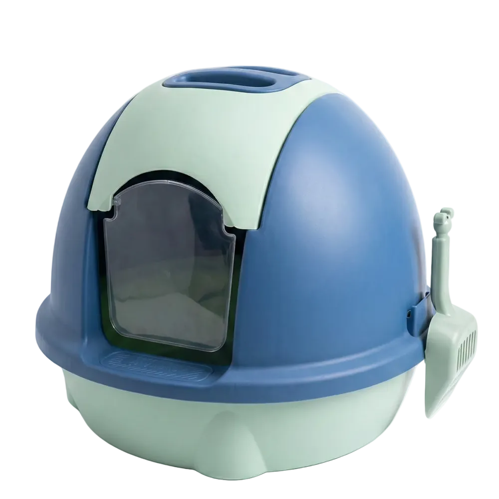 Pet litter box with a transparent door on a white background