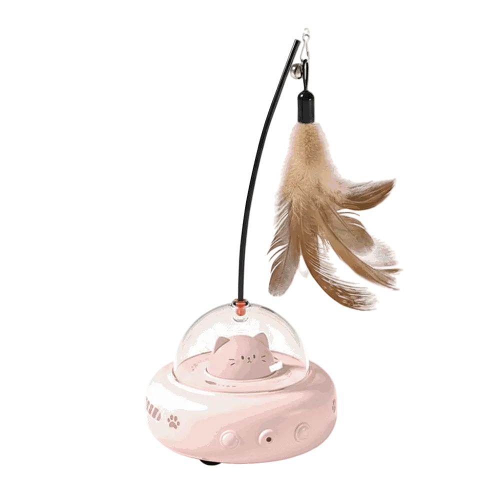 Pink pet toy with a transparent dome and feather attachment on a white background