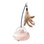 Pink pet toy with a transparent dome and feather attachment on a white background