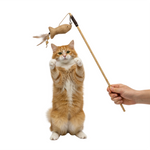 Cat playing with a toy mouse on a stick held by a person against a white background