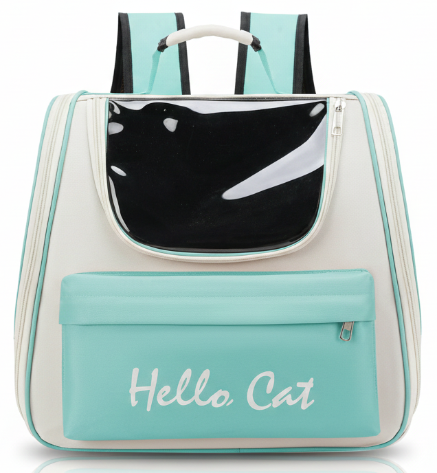 Backpack with a cat-shaped window and 'Hello Cat' text on a white background