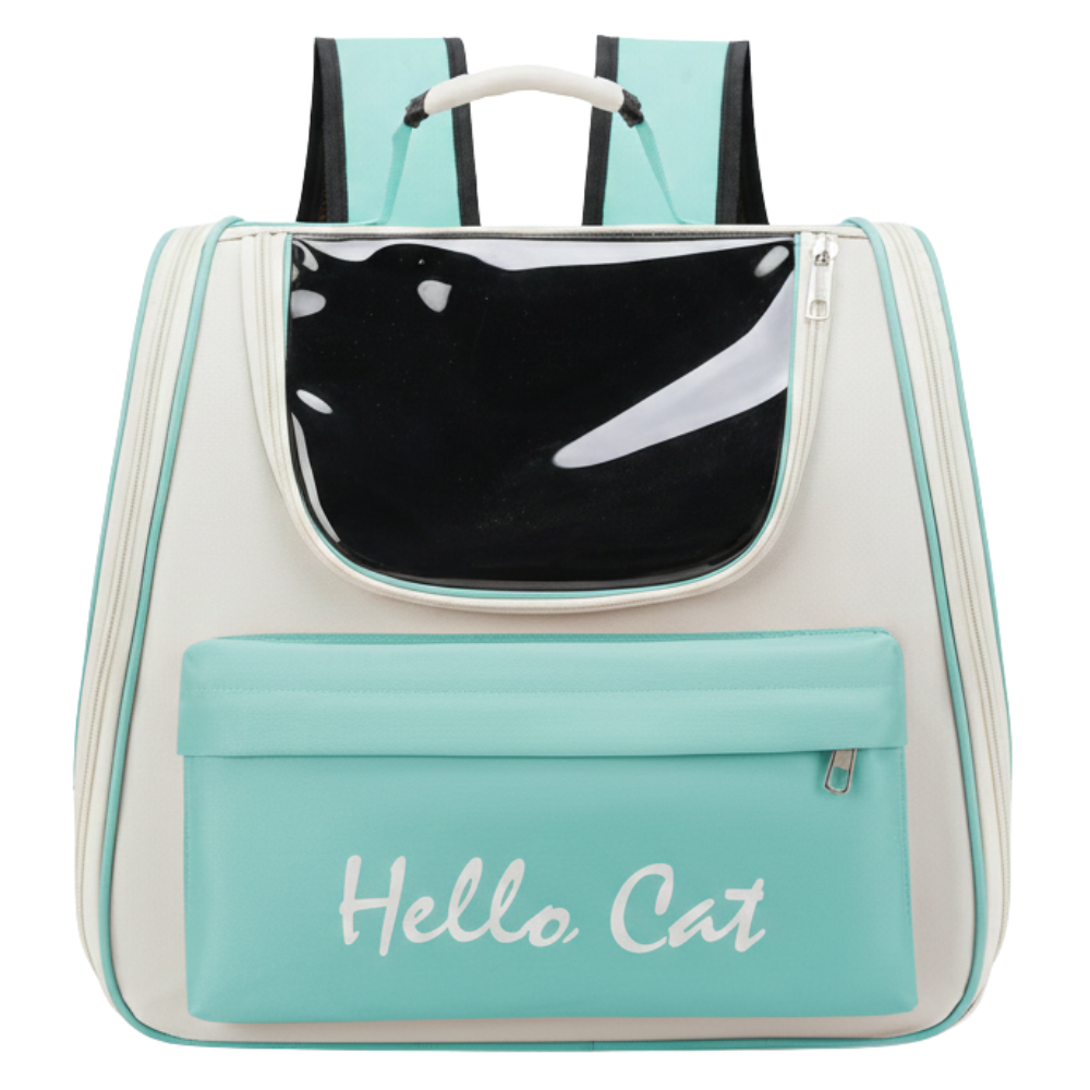 Backpack with a cat-shaped window and 'Hello Cat' text on a white background