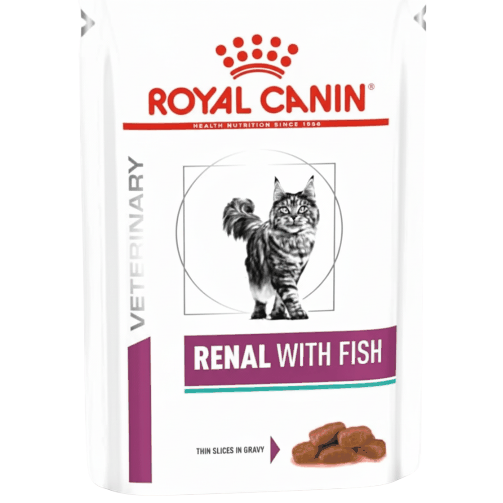 Royal Canin Veterinary Renal with Fish cat food package on a white background