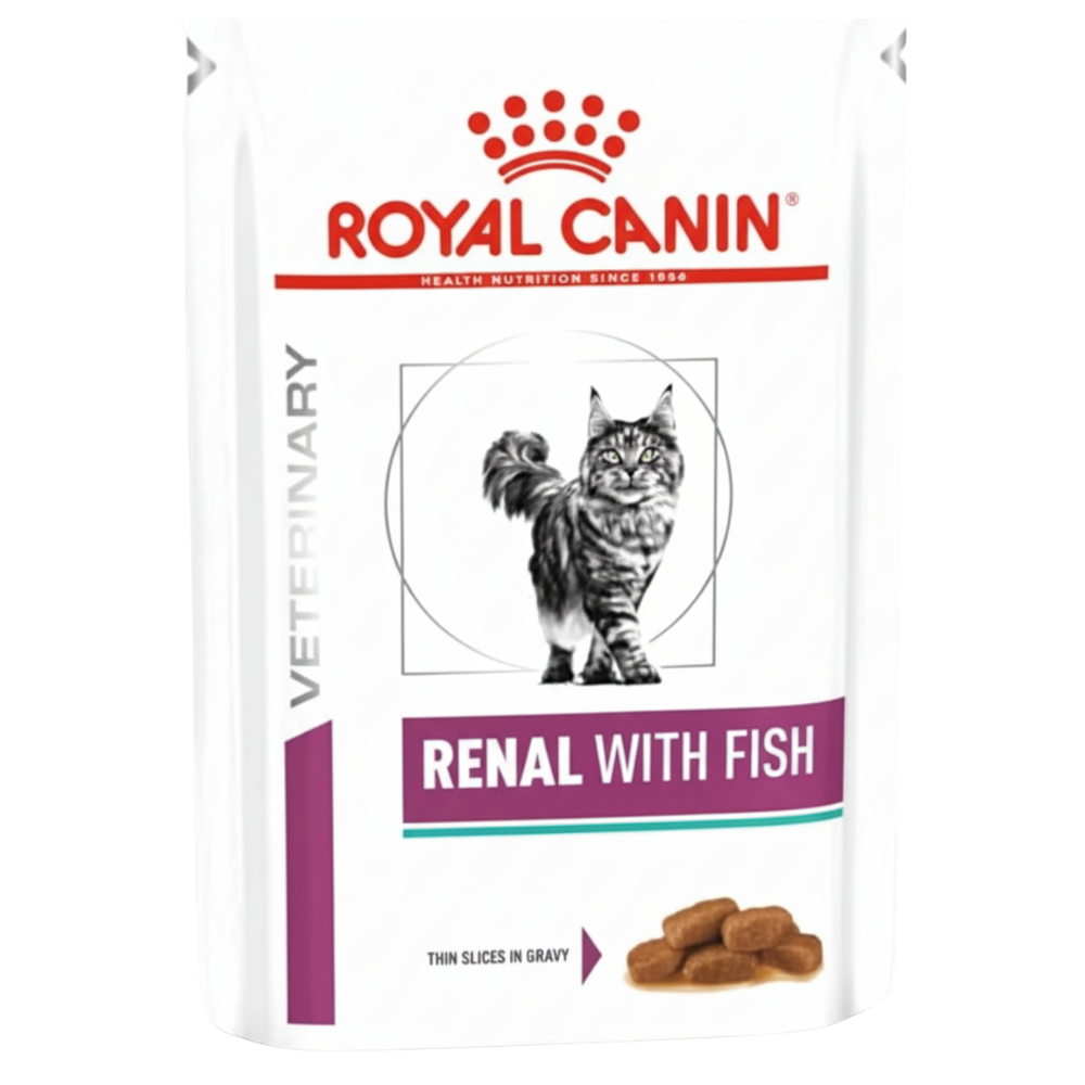 Royal Canin Veterinary Renal with Fish cat food package on a white background
