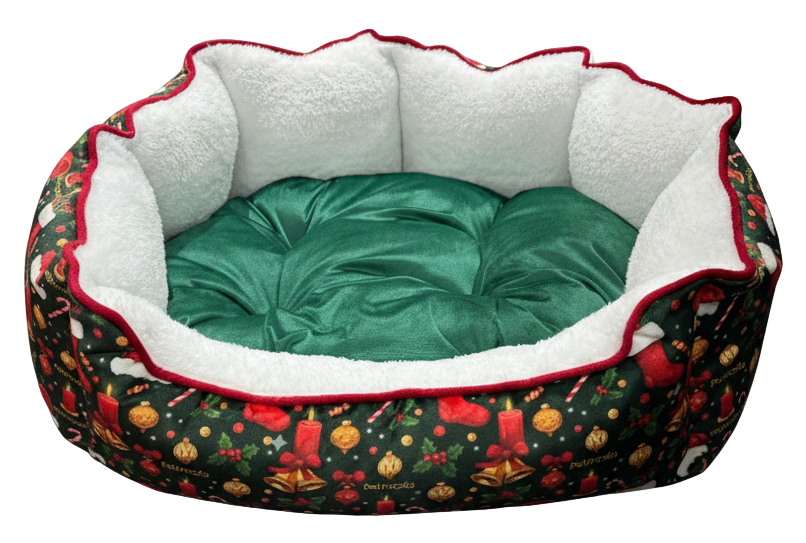 Decorative pet bed with a festive pattern on a white background