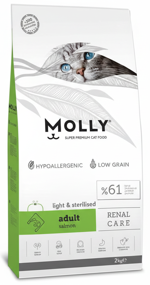 Molly cat food package with a cat's face on the label