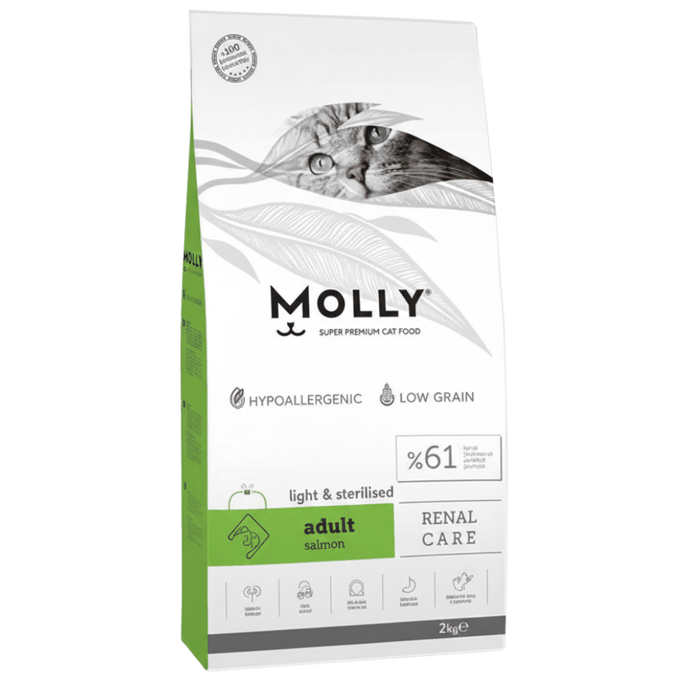 Molly cat food package with a cat's face on the label