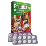 Prazitabs veterinary medication packaging for dogs and cats with tablets on a white background