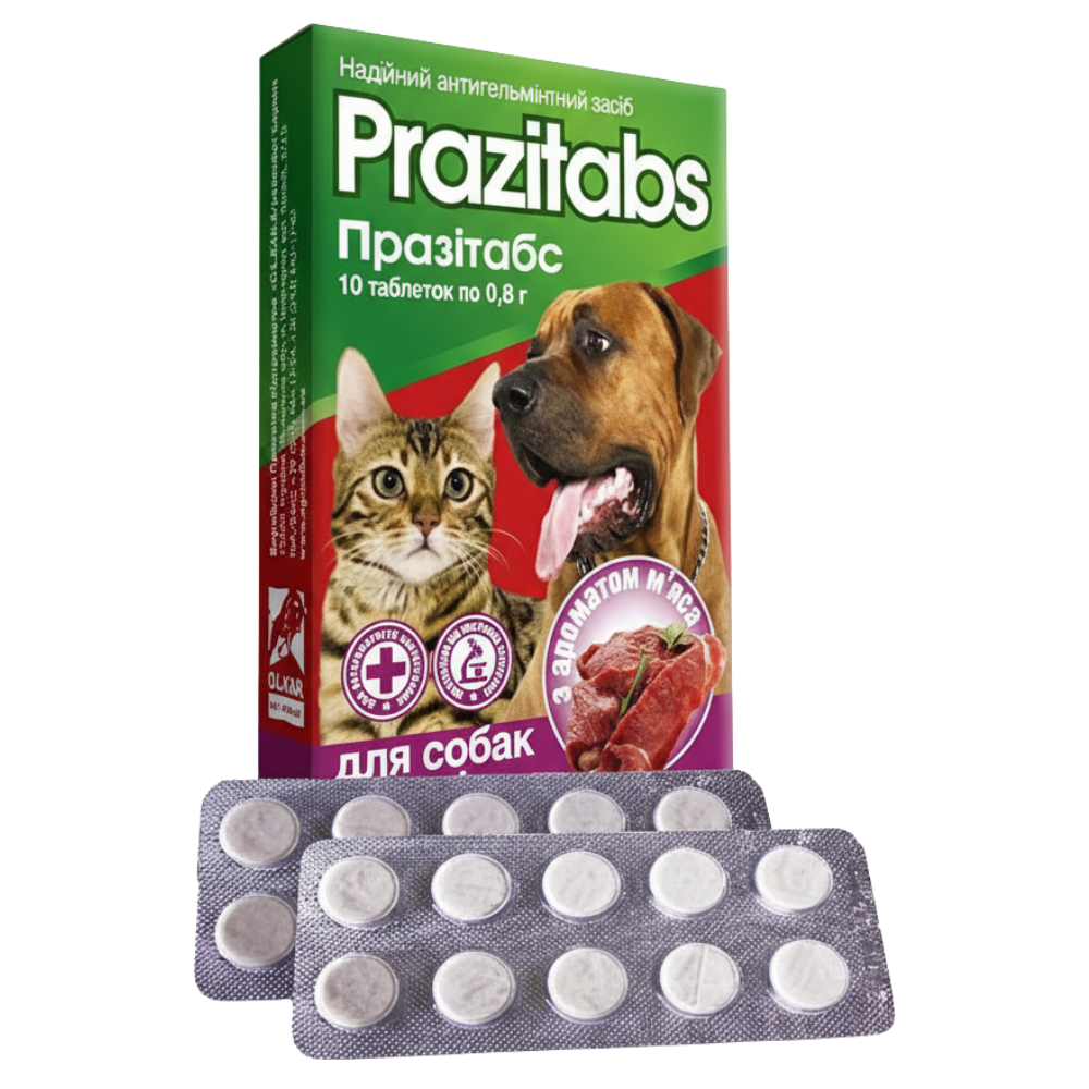 Prazitabs veterinary medication packaging for dogs and cats with tablets on a white background