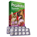 Prazitabs veterinary medication packaging for dogs and cats with tablets on a white background