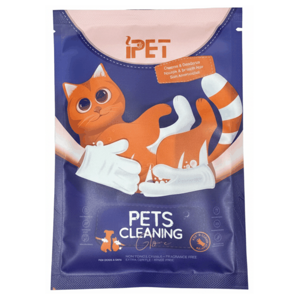 Package of iPet Pets Cleaning product with a cartoon cat and gloves on a blue background