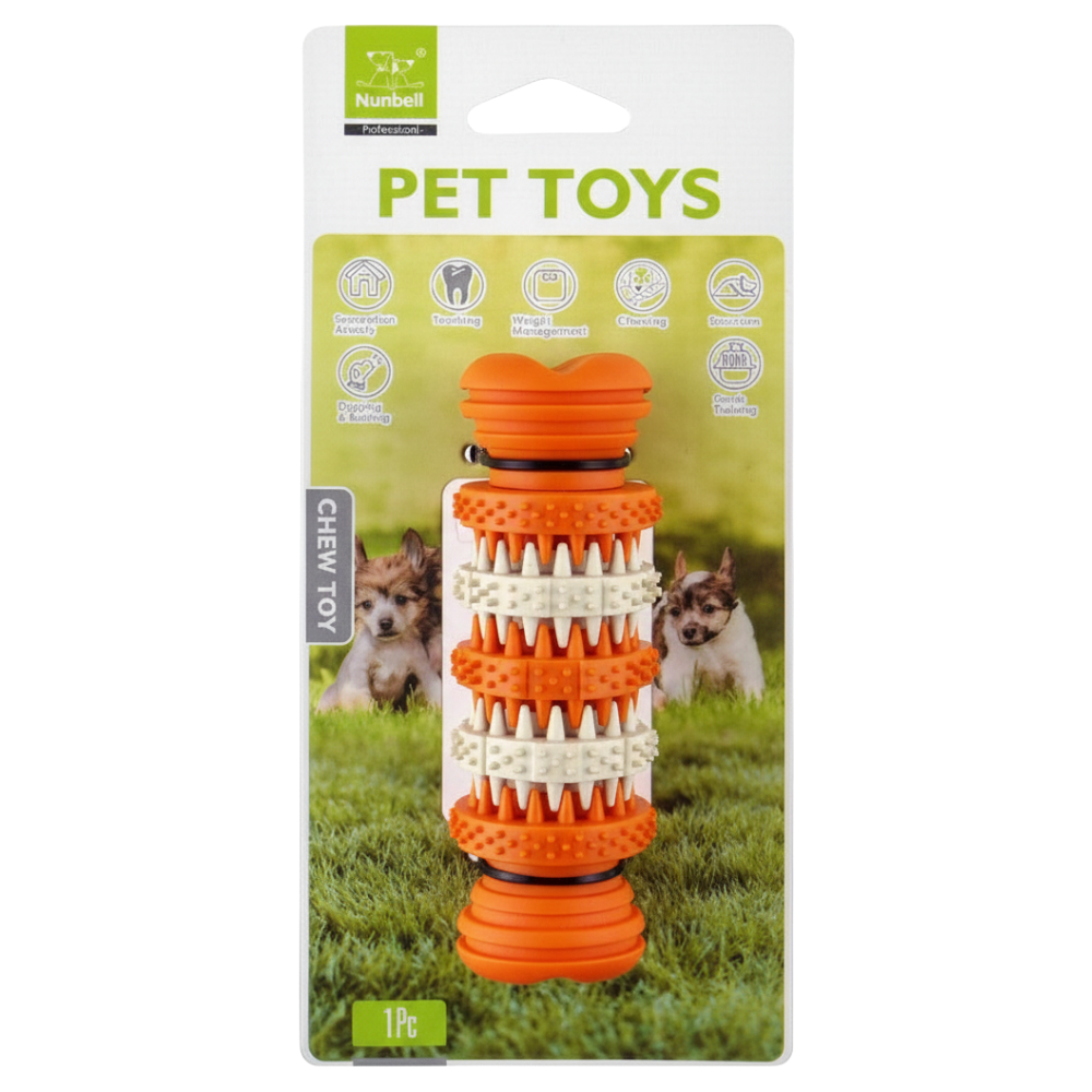 Dog toy with packaging featuring two dogs on grass