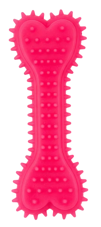 Pink dog toy with a heart-shaped top and textured surface on a white background