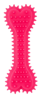 Pink dog toy with a heart-shaped top and textured surface on a white background