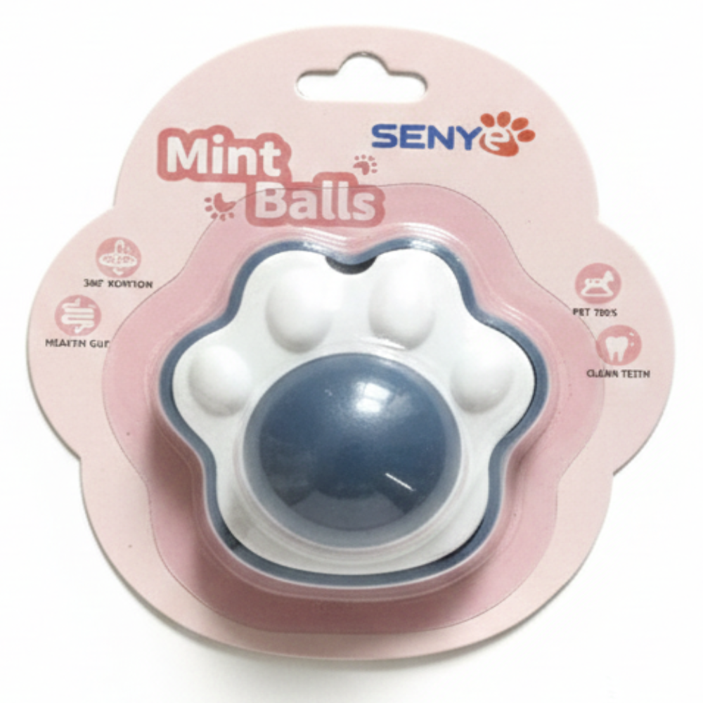 Dog toy packaging with 'Mint Balls' and 'SENY' branding on a white background