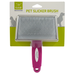 Pet slicker brush with pink handle on a white background